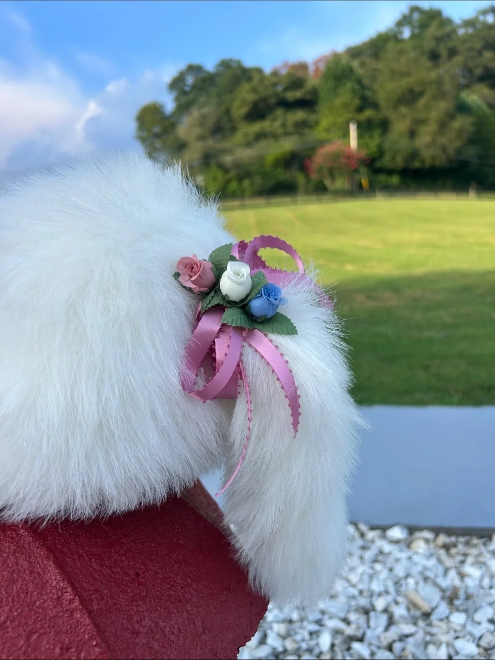 White Plush Cat Toy with Pink Ribbon and Floral Hat